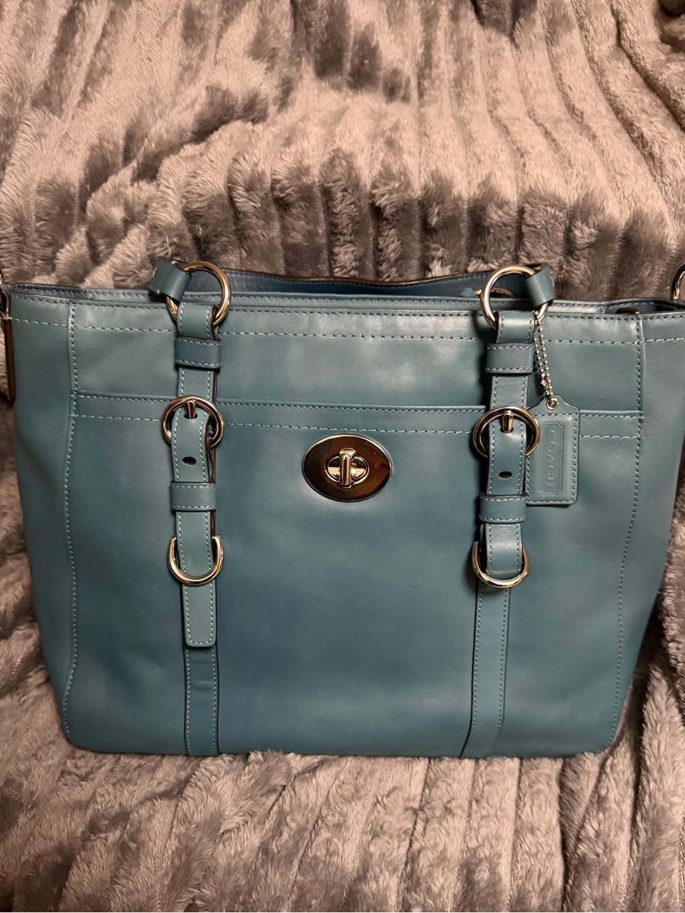 Coach Teal Leather Turnlock Tote with Buckle Straps for added design